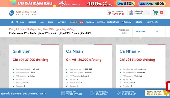 Bảng giá đăng ký hosting Việt Nam